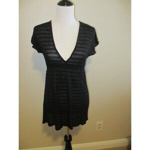 White House Black Market Black Sheer Striped V-Neck Short Sleeve Tunic Top S
